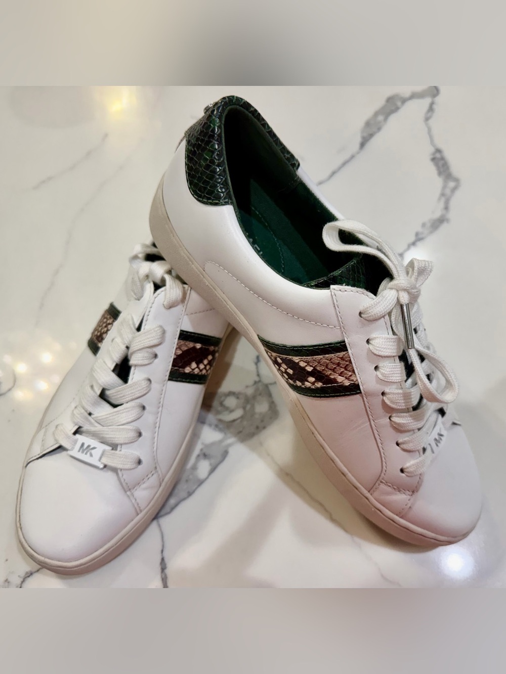 Michael Kors White Leather Sneakers with Green and Brown Snake-Print Stripes